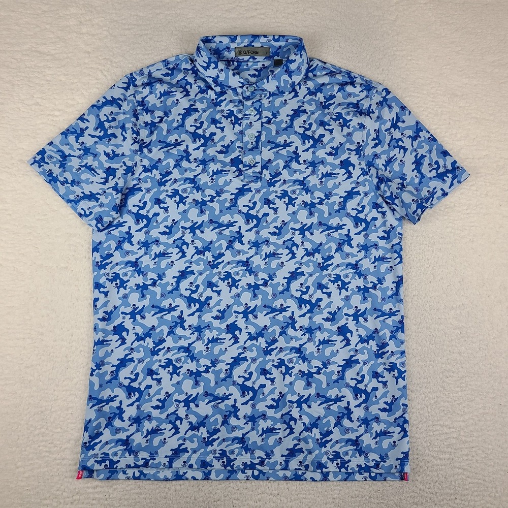 G/Fore Polo Shirt Mens Large Blue Camouflage Skull Performance Golf Short Sleeve